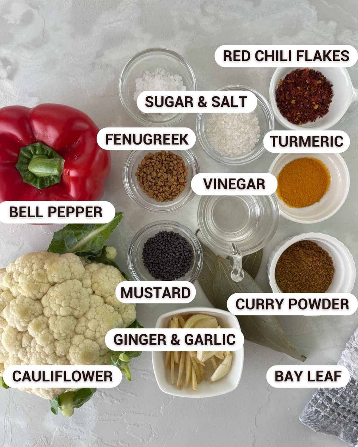 ingredients for the curry pickled cauliflower