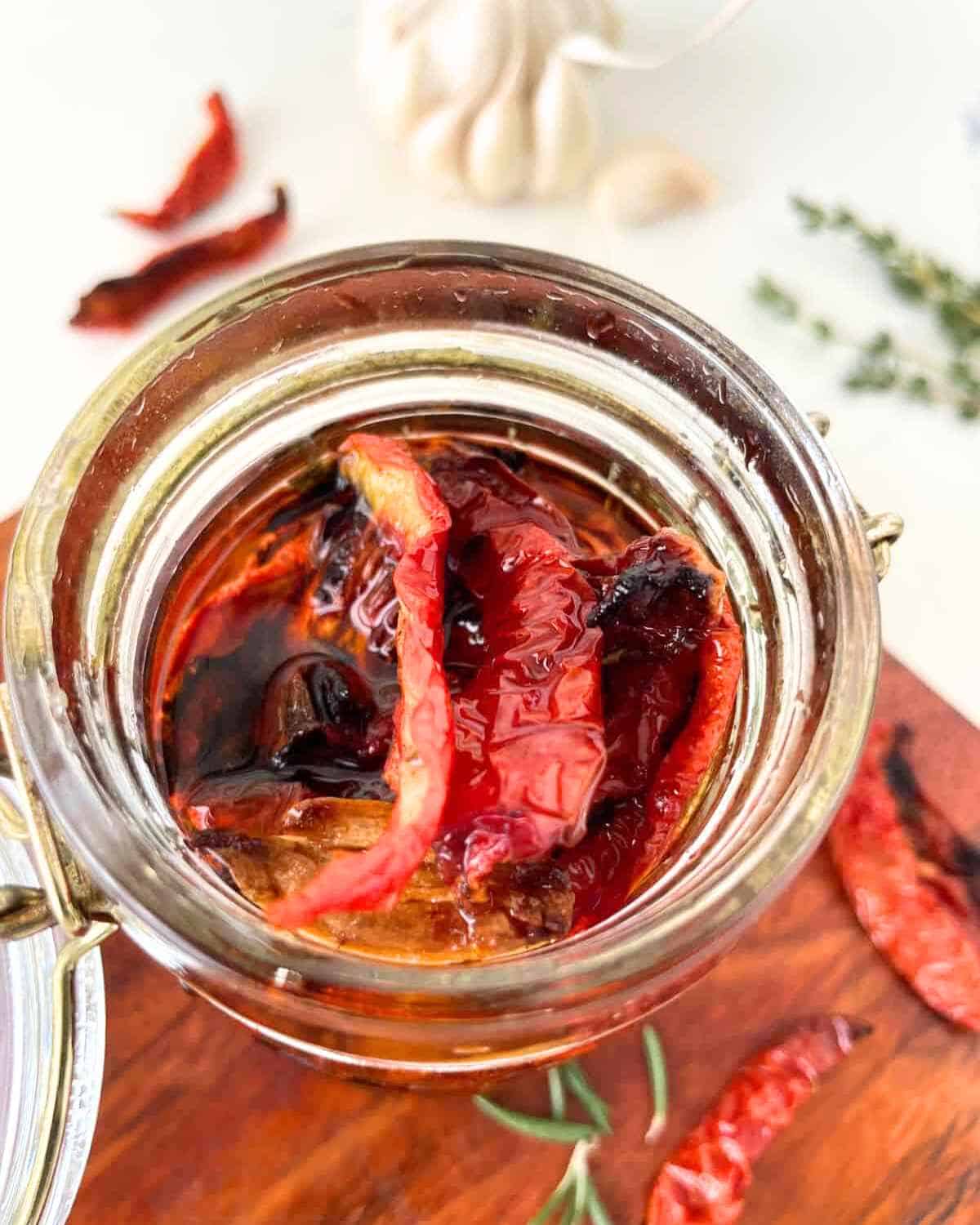 top view of Oven Dried Tomatoes in a Jar 