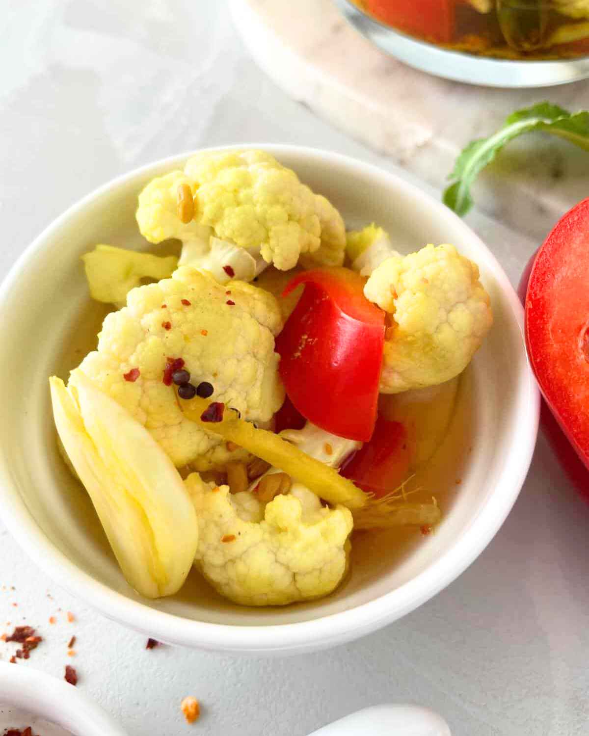 Top view of Curry Pickled Cauliflower in a bowl