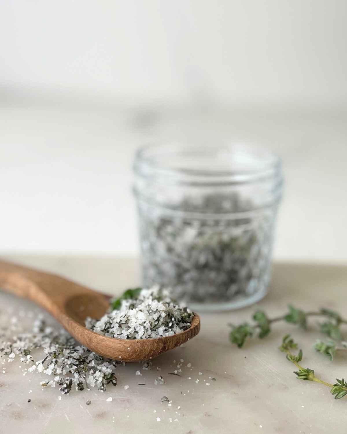 Homemade Herb Salt on a wooden spoon