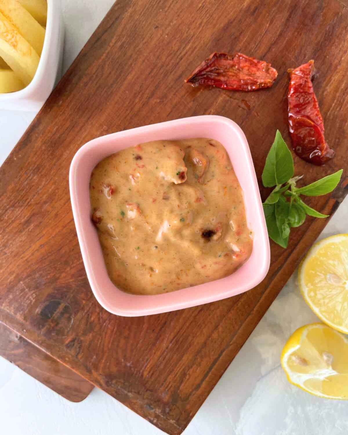 Top zoom out view image of Sun Dried Tomato Aioli in a bowl